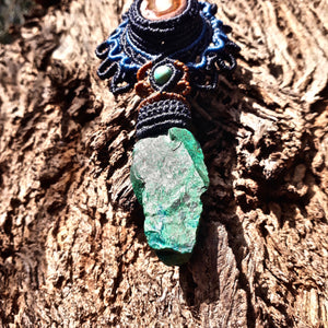 Fire opal and raw chrysocolla pendant